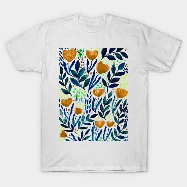 Watercolor flower garden -  yellow and blue T-Shirt by wackapacka